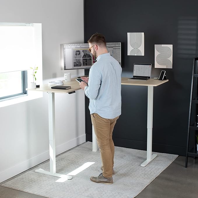 VIVO Electric Corner 63 x 55 inch L-Shaped Standing Desk, Memory Height Adjustment, Light Wood Top White Frame, DESK-E3CTC