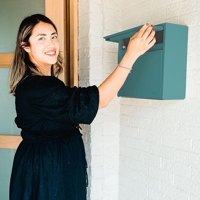 Wall Mount Mailbox - Small, Anti-Theft Locking Mailbox, Weatherproof Mailboxes for Outside The House, 13.5" H x 15" L x 5.5" D - Agean Sea