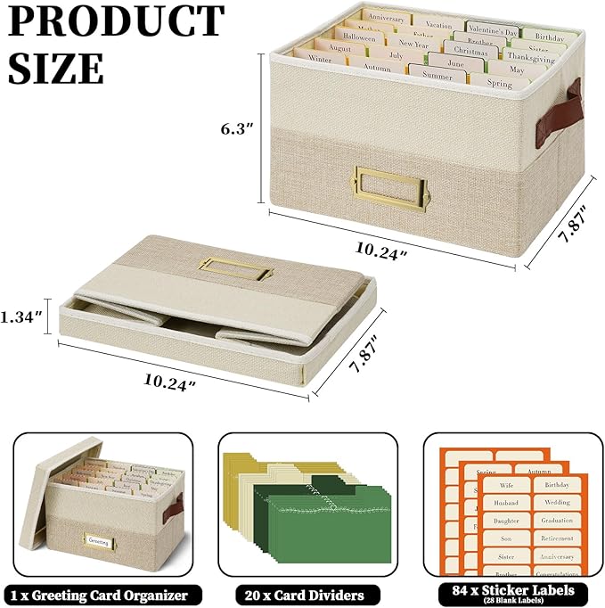 Vienrose Greeting Card Organizer Box with 20 Removable Dividers, 84 Self-Adhesive Labels, Foldable Storage Box Great for Greeting Cards, Photos, Envelopes, Stickers, Postcards Beige&Khaki