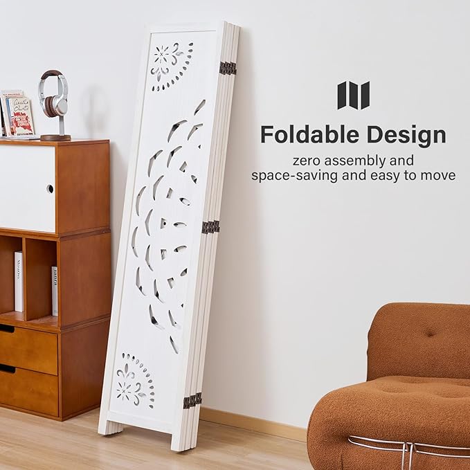 66.9Inch Wooden Room Partition - 6 Panels Boho-Styled Space Room Divider for Home/Office, Headboard & Yoga/Photo/Video Call Backdrop (White)