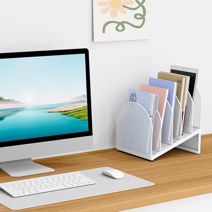 OUTIOE 5-Section Desk File Organizer, Metal Mesh Folder Organizer for Documents, Mail & Office Papers (White)