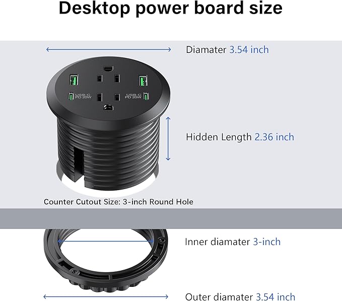 Desktop Power Grommet 3-inch Hole,40W Total Fast Charging Station, 2 PD 20W USB C Port,Flush-Mount Recessed Power Strip, 2 AC Outlets,4 USB Ports,in to The Top of Your Desk,6ft Cord