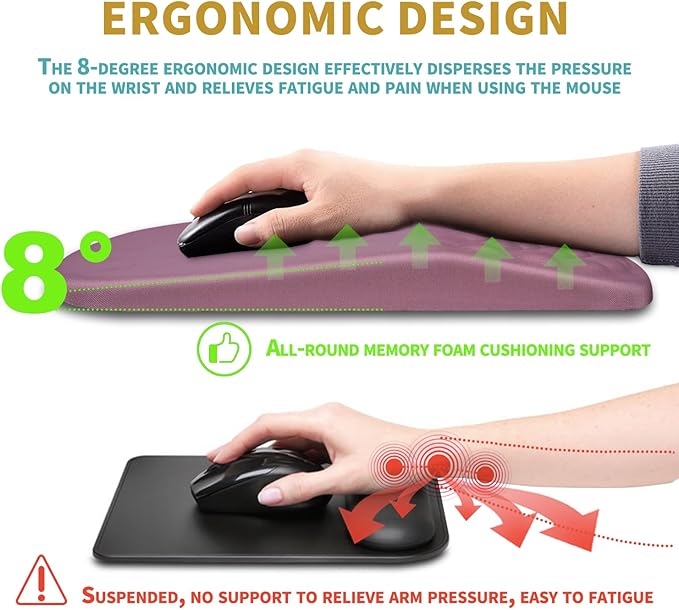 Hokafenle Ergonomic Mouse Pad Wrist Support with Massage Design, Wrist Rest Pain Relief Mousepad with Memory Foam&Non-Slip PU Base, Mouse Pads for Wireless Mouse & Desk (12x8 inch,Dark Pink)