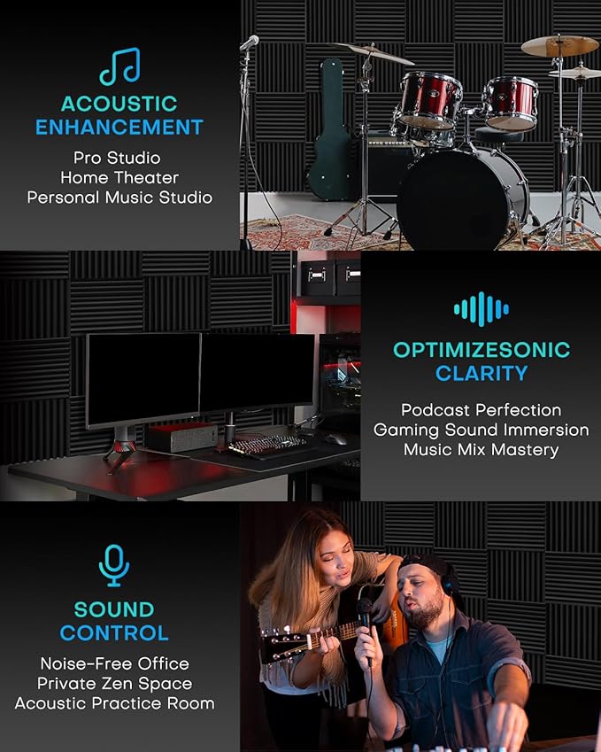 52 Pack Acoustic Foam Panels, 1 X 12 X 12 Inches Sound Proof Foam Panels for Walls, High Density Acoustic Panels Sound Absorbing, Black White Noise Cancelling Studio Wedges (NOT INCLUDE ADHESIVE)