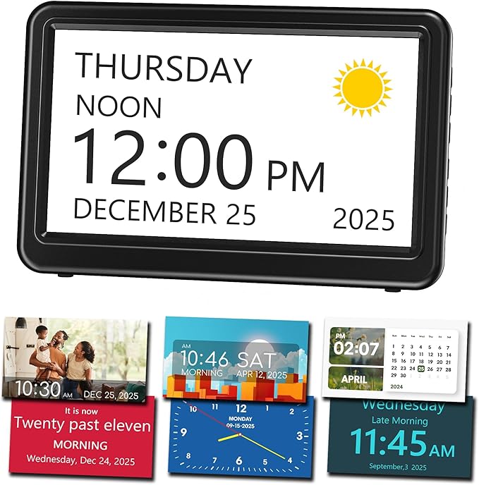 Mesqool Dementia Clock for Seniors -7" Large HD Display with Day and Date, 20 Alarms and 20 Reminders, Auto DST, 18 Ringtones, Plug-in Electric Calendar Clock for Alzheimer’s & Memory Loss Care
