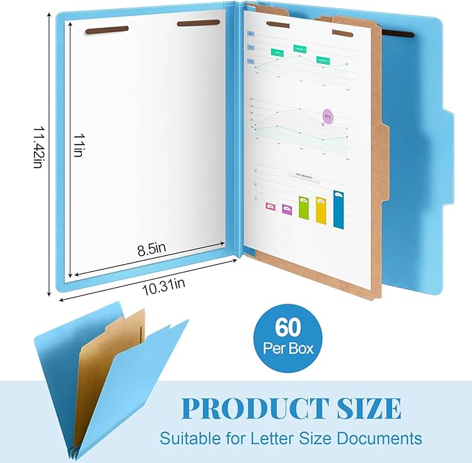 Skyygemm 60 Pcs Classification Folders Letter Size, 1 Divider Pressboard File Folder with Fasteners, Expanding File Organizer Bulk for School Teachers, Office Employee, Coworker, Staff (Blue)