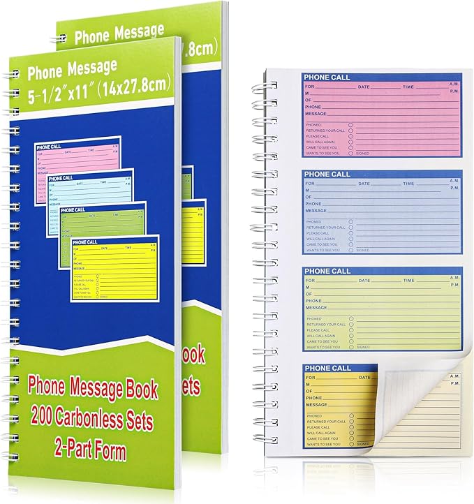 Sinmoe 2 Pcs Spiral Bound Phone Message Book with Carbon Copy 5-1/2" x 11" 2 Part Colorful Carbonless Telephone Message Pads Duplicate Spiral Phone Call Log Book for Business Office