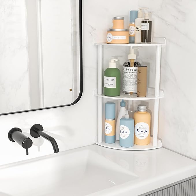 Sezanrpt 3 Tier Countertop Corner Organizer Shelf 7x7x15.7 Inch, White Countertop Acrylic Bathroom Corner Shelf, Vanity Storage Organizer for Cosmetics, Toiletries