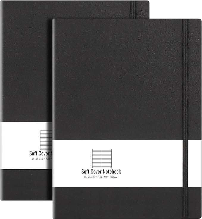 B5 College Ruled Notebook Softcover Journals(2-Pack)- AHGXG Large Composition Notebook 7.6 x 10 inch with Thick 100gsm Lined Paper, Total 408 Numbered Pages, Black Black