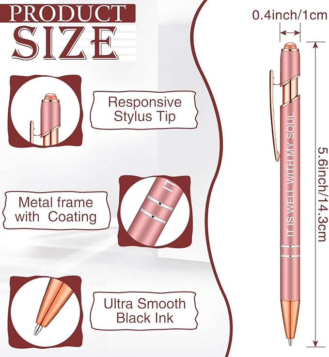 Zonon 12 Pcs Inspirational Pens Bulk Funny Ballpoint Pen with Stylus Tip Motivational Gifts for Valentine's Day Teacher Coworkers Nurse School Office Supplies(Rose Gold,Bible Style)
