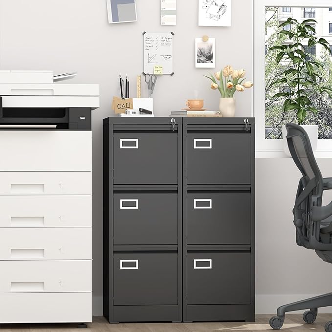 Lockable Vertical Metal File Cabinet 3 Drawer, Steel Filing Cabinet for Home Office Organization, High Capacity Storage for Letter/Legal/A4 Size, Black Office Cabinet, 17.7" D x 14.6" W x 40.9" H