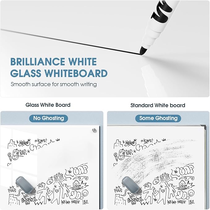 MaxGear Glass Whiteboard, Tempered Magnetic Dry Erase Board Ultra White, Frameless Wall Mounted, Office Classroom Conference Room Home Use, Includes Markers, Eraser, Magnets & Mounting Kit