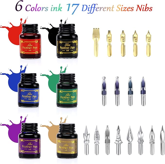 Junhartt Quill Feather Pen and Ink Set, Calligraphy Pen Glass Dip Pen and Wax Seal Stamp Kit (Green)