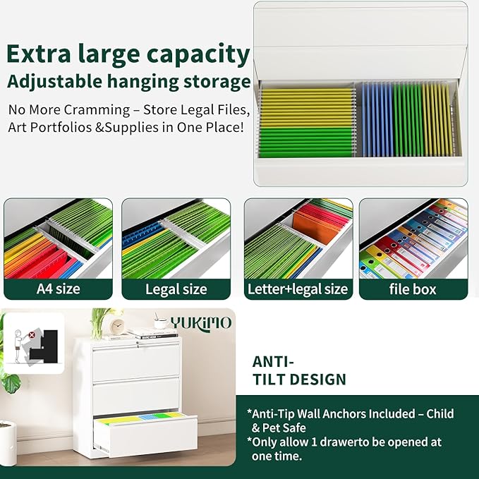 3 Drawer Lateral File Cabinet with Lock, Metal File Cabinets for Home Office, Office Furniture for Organization Hanging Legal/Letter/A4, Metal Filing Cabinet Storage Cabinet, Require Assembly, White