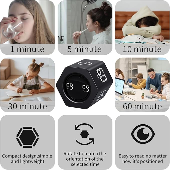 Productivity Timer Flip Gravity Sensor Cube Timer Countdown & Countup,Mute & Vibrate & Sound，5/10/30/60min & Custom Timing, Perfect for ADHD,Work,Learning,Kitchen Cooking (2, Black Hexagon)