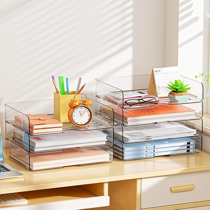 YKLSLH 4 Trays Paper Organizer Letter Tray - Acrylic Desk File Organizer, Stackable Clear Paper Holder Sorter Office Organizer for Letter/A4, Office File Ipad Books Notes Etc