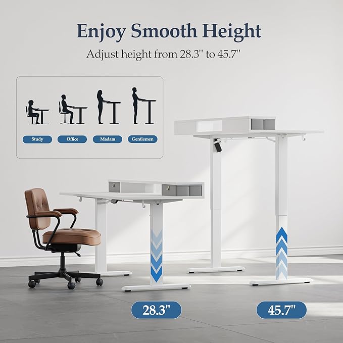 Klicelor 48 Inch Electric Standing Desk with Drawers, Adjustable Height Small Sit Stand Desk for Home Office, Compact Computer Workstation with Storage– White