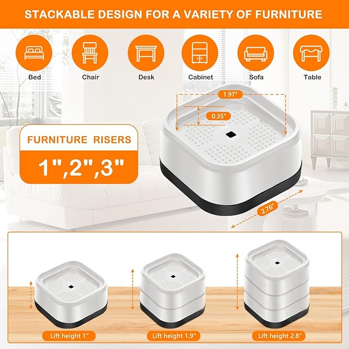 shouwuhho 16 Pack Furniture Risers Adjustable Bed Risers Heavy Duty Lifts Height 1", Square Stackable Bed Risers 1, 2 or 3 Inch for Desk Leg Table Couch Sofa Chair Bed Frame Legs Dorm, White