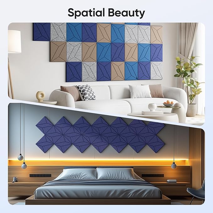 UNECHO 12 Pack 12" X 12" X 0.4" Acoustic Panels for Wall Sound Absorbing, P-Stripes Square Self-Adhesive Sound Panels, High Density Suitable for Multiple Scenarios(Sapphire Blue)