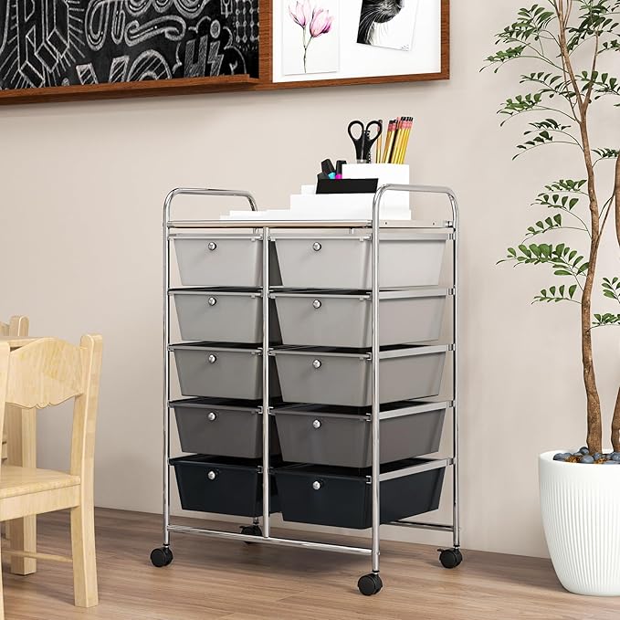 GOFLAME 10-Drawer Rolling Storage Cart, Art Craft Storage Organizer on Wheels, Multipurpose Movable Utility Cart for School, Office and Home, Black Gradient