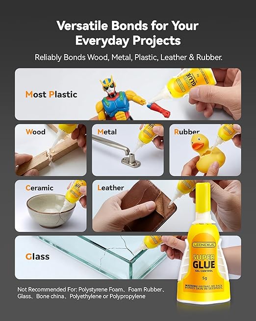 LEENEXUS Super Glue Gel Precision Control, 5ML【Dual Molecular Interlock】 Clear Super Strong CA Glue for Shoe Plastic Ceramic Metal Glass Etc, No-Run Cyanoacrylate Adhesive Instant Glue, Quick Dry