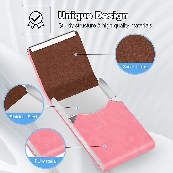 Business Card Holder for Women or Men, Business Card Case with PU Leather and Stainless Steel, Slim Metal Case with Magnetic Closure for Business Meeting Use