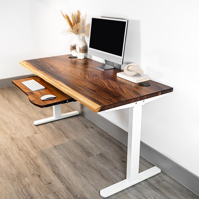 Standing Desk with Keyboard Tray – Walnut Solid Wood Desk, Natural Live Edge, Adjustable Height Dual Motor, Sit Stand for Home Office (White, W48 x D27)