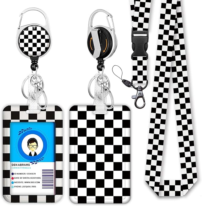 Black and White Checkered Lanyards for Id Badges, Cute Badge Reel Heavy Duty with Carabiner Clip, Fashionable ID Badge Holder with Breakaway Lanyard, Teacher Nurse Office Christmas Gifts