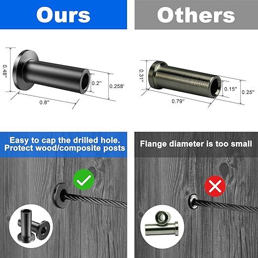 BLIKA 200 Pack Black Stainless Steel Protector Sleeves for 1/8" 5/32" or 3/16" Deck Cable Railing, for Wood/Composite Posts, T316 Marine Grade, Black Cable Railing Protector Sleeves