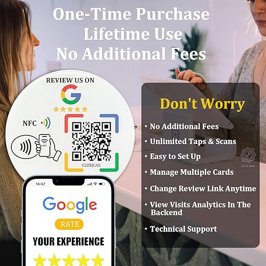 Epoxy Sticky Card with NFC Chip & QR Code - Compatible with Google Business Page for Customer Reviews, Boost Business Reviews, Essential for Small Businesses, No App, No Monthly Fee (White-5 Cards)