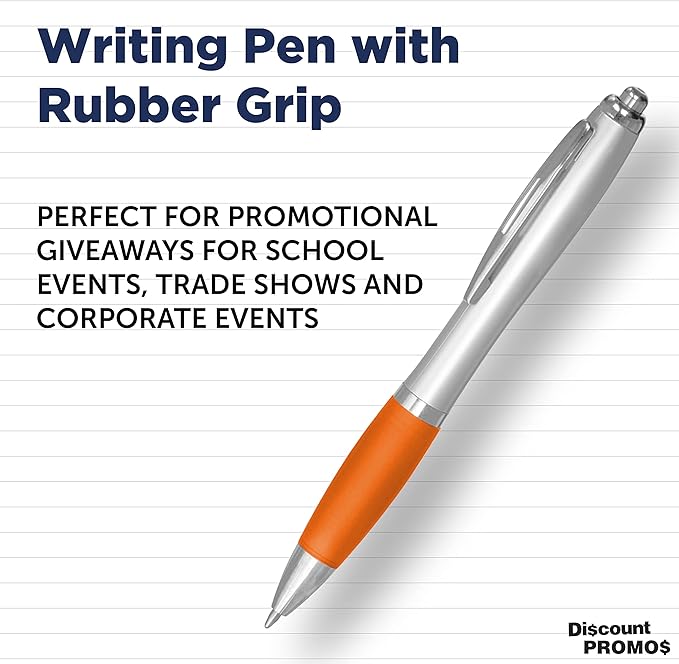 DISCOUNT PROMOS Ballpoint Pens With Rubber Grip, 10 pack, Black Ink Writing Pens in Bulk, Orange