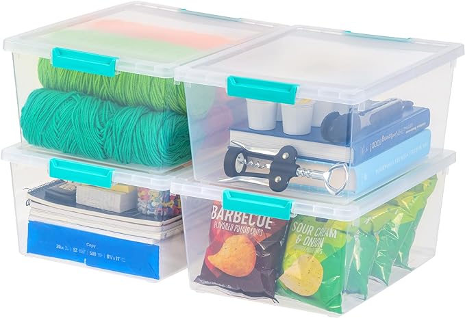 IRIS USA 12 Qt. Plastic Storage Bins Containers with Lids, 4 Pack, Small Sensory Bin, Craft Storage, Craft Organizers & Storage, Organizing Container for Home, Office & Art Supplies, Stackable, Clear