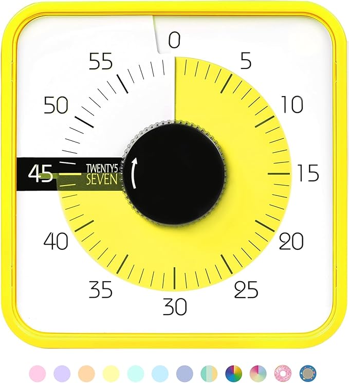 TWENTY5 SEVEN Countdown Timer 7.5 inch; 60 Minute 1 Hour Visual Timer – Classroom Teaching Tool Office Meeting, Mechanical Countdown Clock for Kids Exam Time Management Magnetic, Yellow