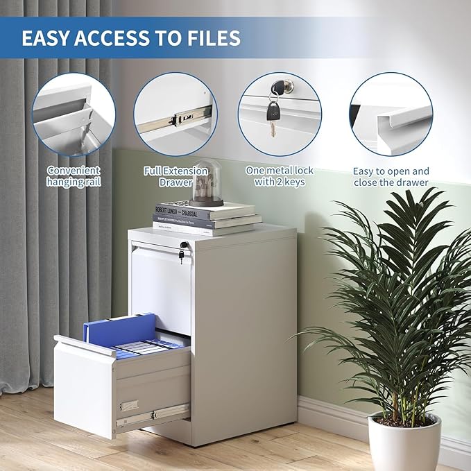 FLIXELIO 2 Drawer File Cabinet with Lock,Metal Vertical Filing Cabinets for Home Office,Heavy Duty File Storage Cabinet for Letter/Legal/A4/F4 Size File,Assembly Require (White, Vertical 2 Drawer)