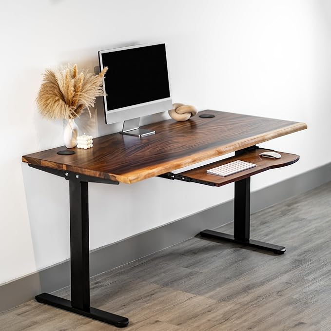 Standing Desk with Keyboard Tray – Walnut Solid Wood Desk, Natural Live Edge, Adjustable Height Dual Motor, Sit Stand for Home Office (Black, W60 x D27)