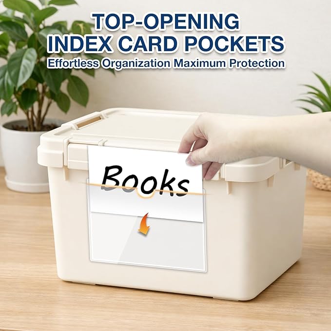 H4D 24 Pack Labels for Storage Bins, 3" x 5" Plastic Clear Adhesive Index Card Holders, Tote Label Pockets for Organizing Storage, Library Card, Shelves