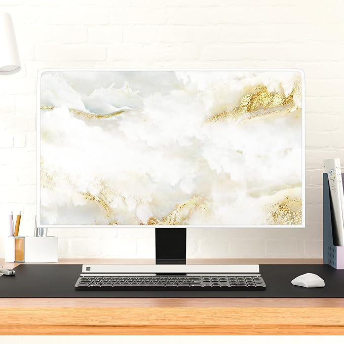 Baocicco White Gold Computer Monitor Cover with Abstract Texture Marble Design 22, 23, 24, 25 Inch Panel Case Computer Monitor Covers Sleeve Compatible with PC Desktop and TV LCD/LED/HD Screen Cover