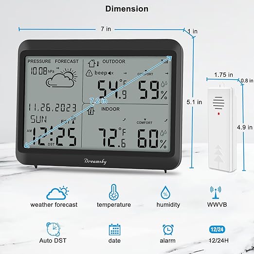 DreamSky Weather Station Indoor Outdoor Thermometer Wireless - Atomic Clock with Indoor/Outdoor Temp, Date & Day, Battery Powered, Home Weather Forecast Clock with Inside Outside Temperature Humidity
