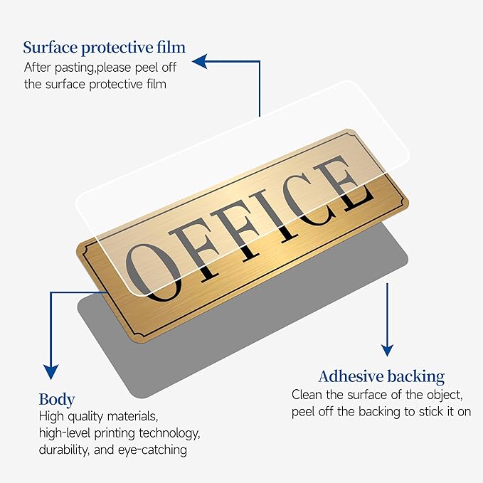 The Office Sign for Home and Business Door，Self-Adhesive Waterproof and Fade-Resistant Brushed Gold Office Sticker for House，Business，Door, Window