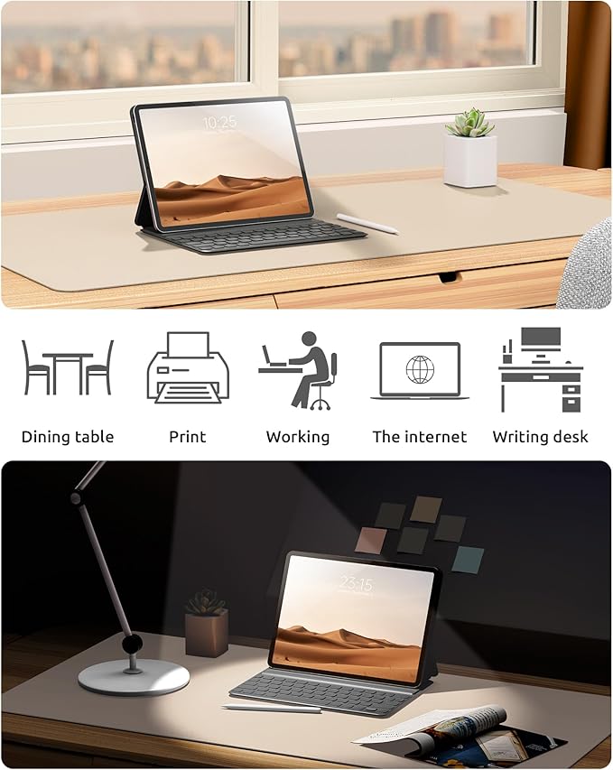 YSAGi Leather Desk Protector, Office Mat, Large Mouse Mat, Non-Slip PU Leather Blotter, Laptop Desk, Waterproof Writing Pad for Office and Home (Eggshell, 35.4" x 17")