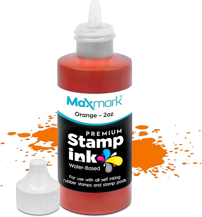 MaxMark Premium Refill Ink with Control Tip Bottle for Self-Inking Stamps, Orange Color - 2 oz.