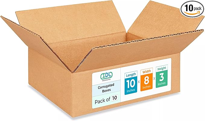 Medium Moving & Shipping Boxes 10x8x3 inches (10-Pack) - Extra Strength 200 lb vs Regular - Corrugated Packing Box, Made in USA - Corrugated Box - Heavy Duty Shipping Box by IDL Packaging