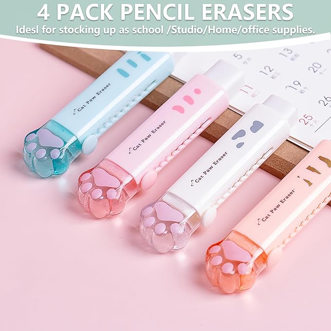 Daphilly Retractable Eraser for Pencils Cute Cat Erasers Pink Kawaii Erasers Suitable for School Home Office Supplies (cat paw)