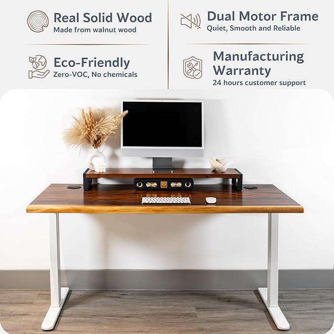 Standing Desk with Monitor Stand – Walnut Solid Wood Desk, Natural Live Edge, Adjustable Height Dual Motor, Sit Stand for Home Office (White, W60 x D27)