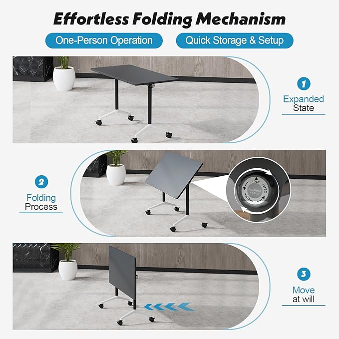 Goakwwuz Conference Room Table, Folding Conference Tables,Thicken Grey Tabletop,Flip Top Wooden Seminar Meeting Room Table for Conference Room Offices (8, Black, 55.1”)