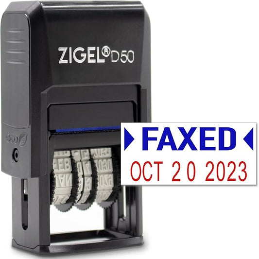 ZIGEL D50 Date Stamp with FAXED - Self Inking Date Stamp - Blue/Red