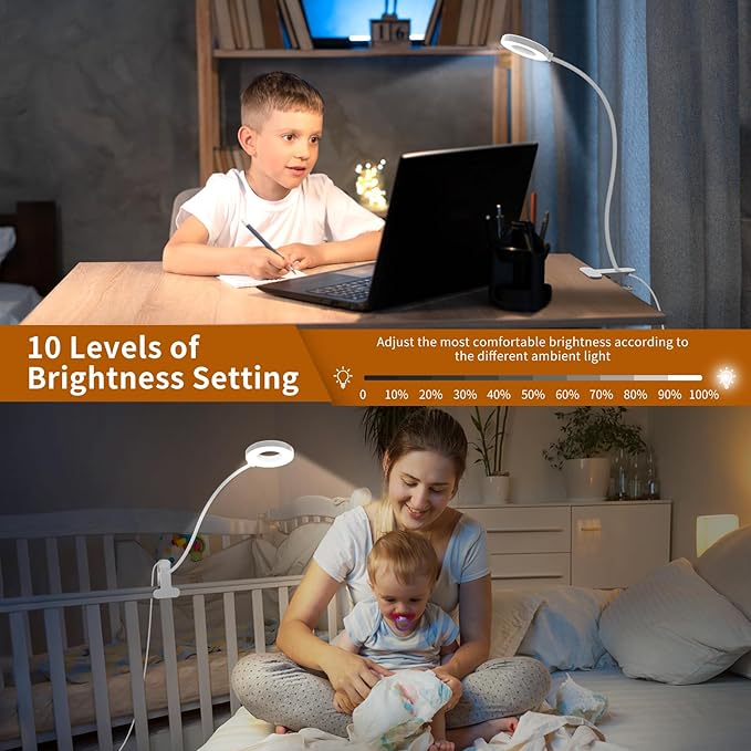 iZELL Reading Light, USB Clamp Lamp for Child Reading Book in Bed at Night, LED Small Desk Lamp with Silicone Adjustable Arm Clip on Beside Table for Studying Working Drafting Sewing - 15.8‘’ White