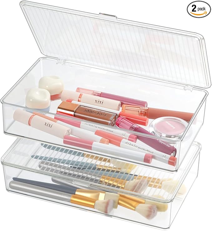 ZEXALOR Pack of 2 Clear Storage Bins with Lids, Small Storage Containers Boxes with Lids, Dresser Organizer, Tea Bag Organizer, Freezer Bin, Plastic Drawer Organizers (10.6×6.1×2.3“)