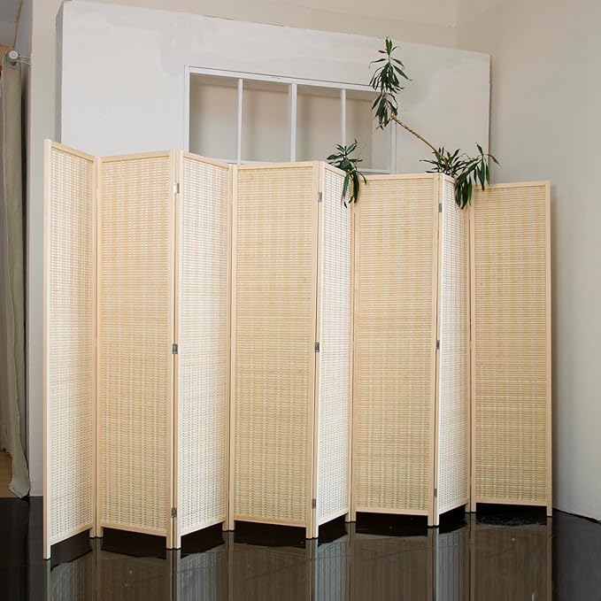 Loomveil 8 Panel Room Divider Folding Privacy Screen,67 inch Bamboo Panel Divider for Home Partition,Beige