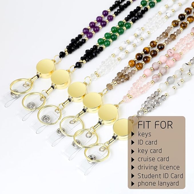 AIDSOTOU Lanyards for ID Badges and Keys,Natural Stone Beaded Teacher Lanyard for Women,Retractable Lanyard with ID Holder Cute Lanyards for Teachers（Pink）